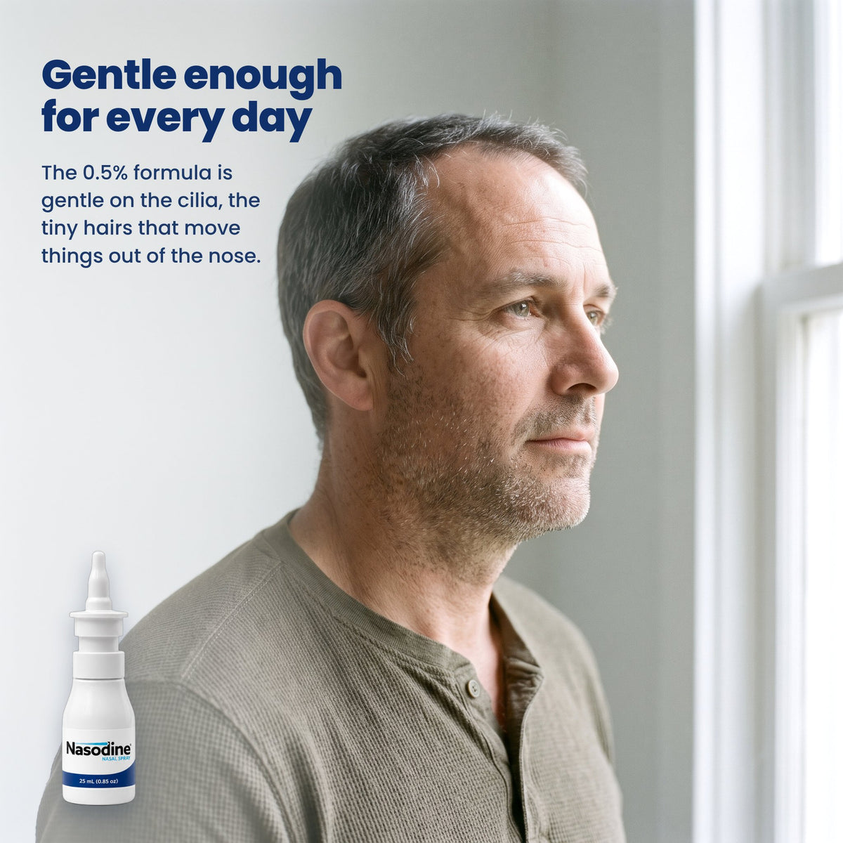 Gentle enough for every day: the 0.5% Nasodine formula is gentle on the cilia