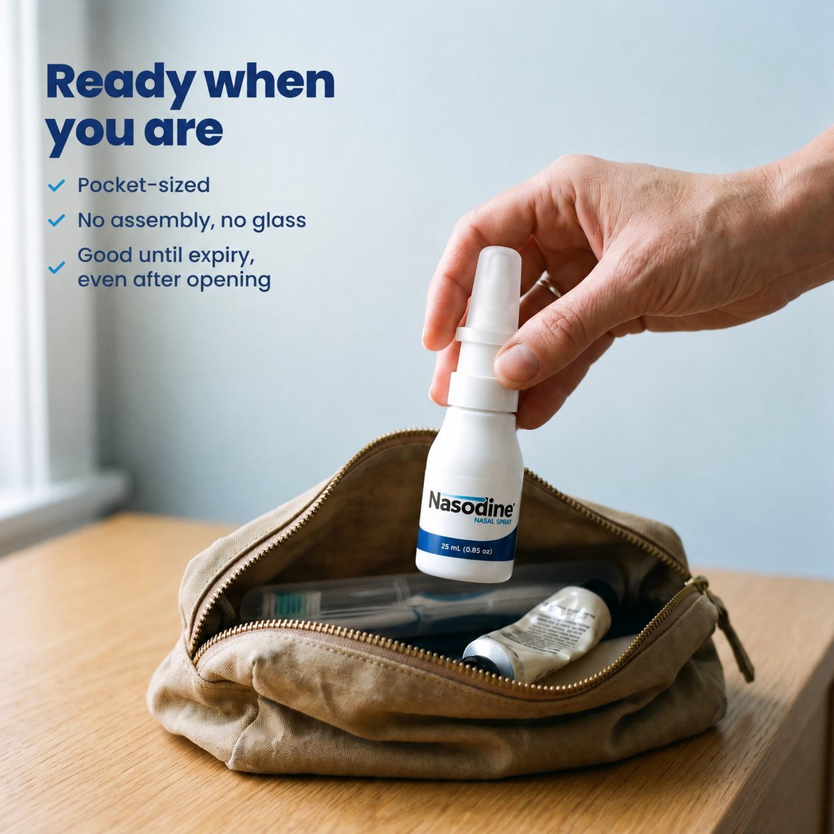 Nasodine bottle being packed into a toiletry bag: pocket-sized, no assembly, good until expiry