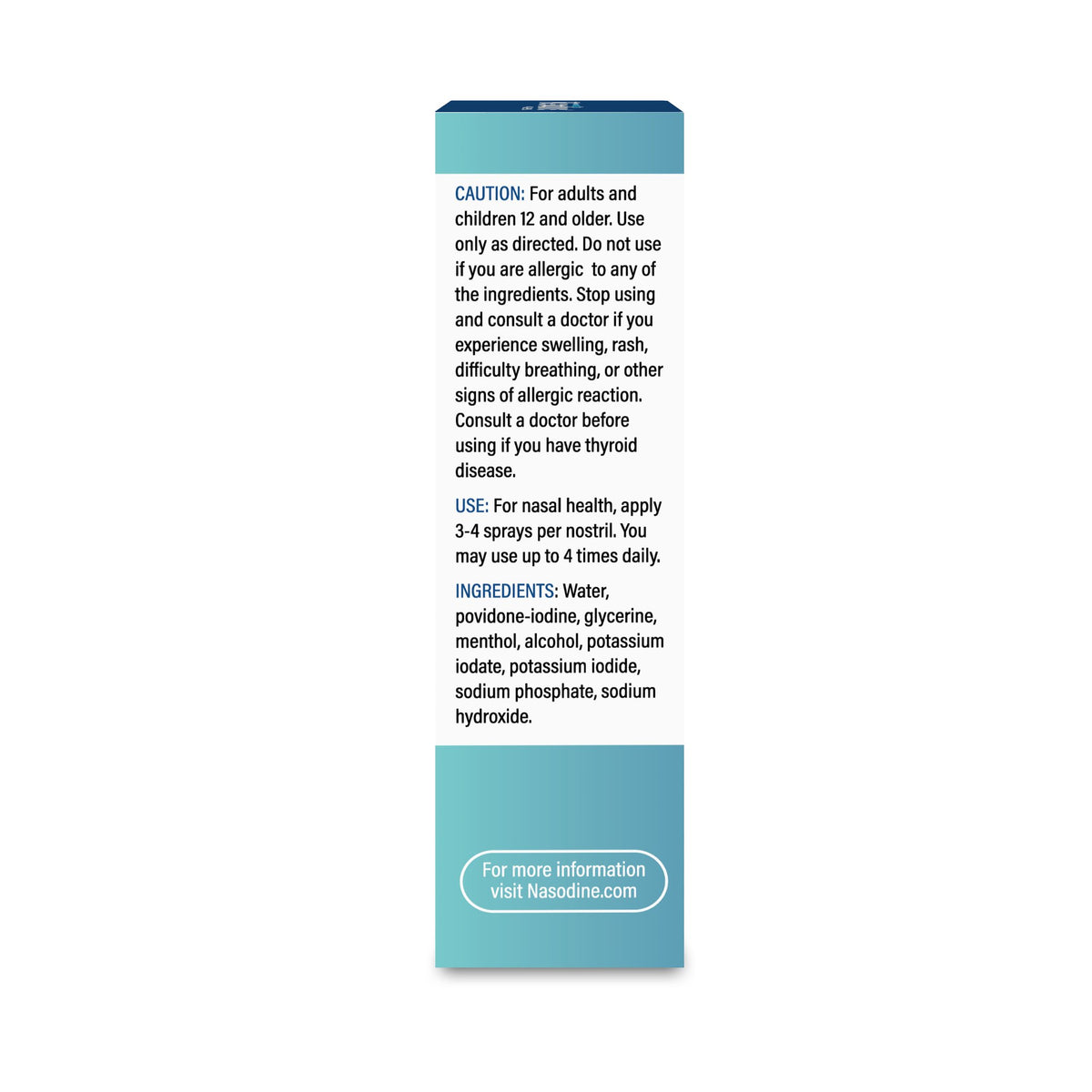 Nasodine box side panel: cautions, use and ingredients