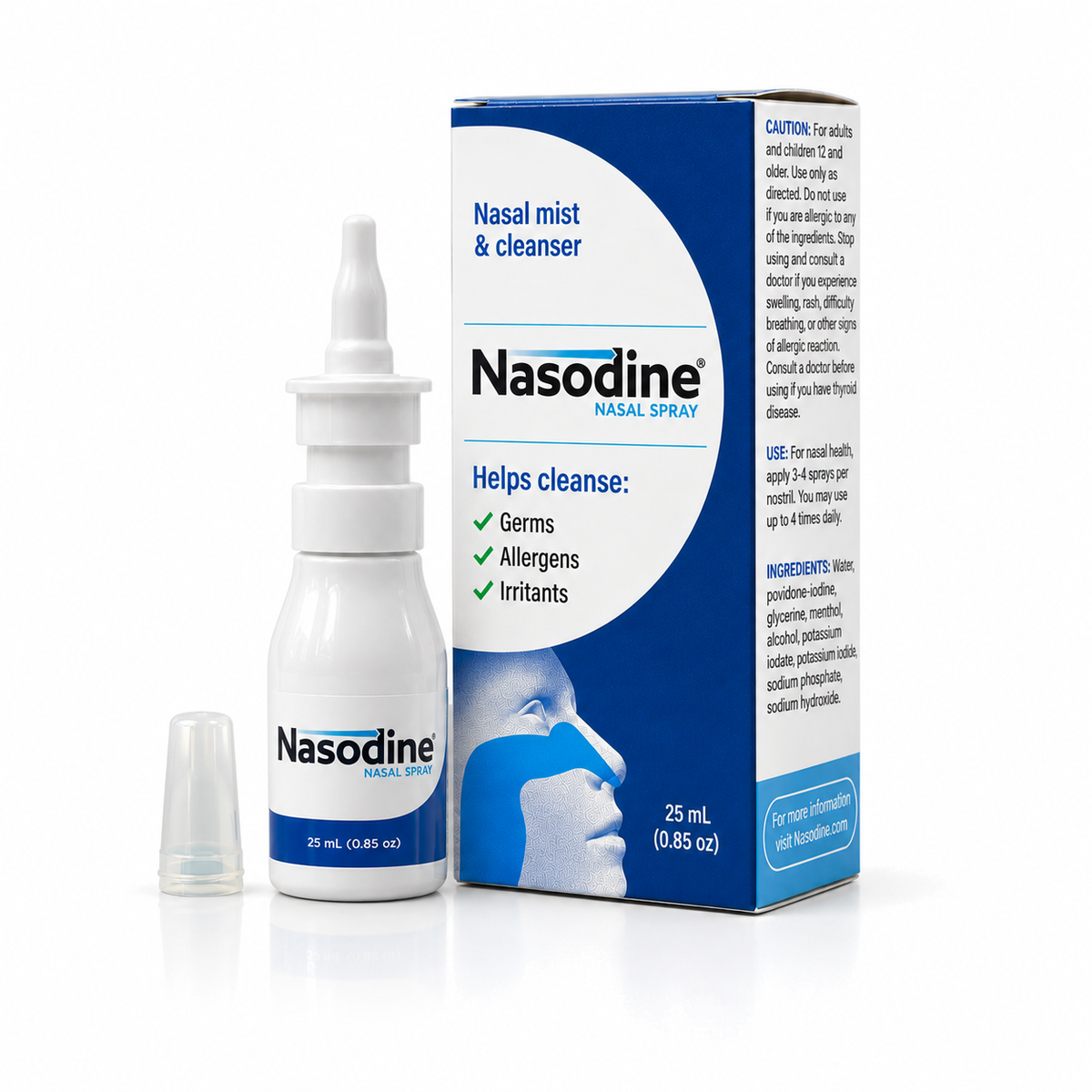 Nasodine nasal spray bottle with its cap, next to the box