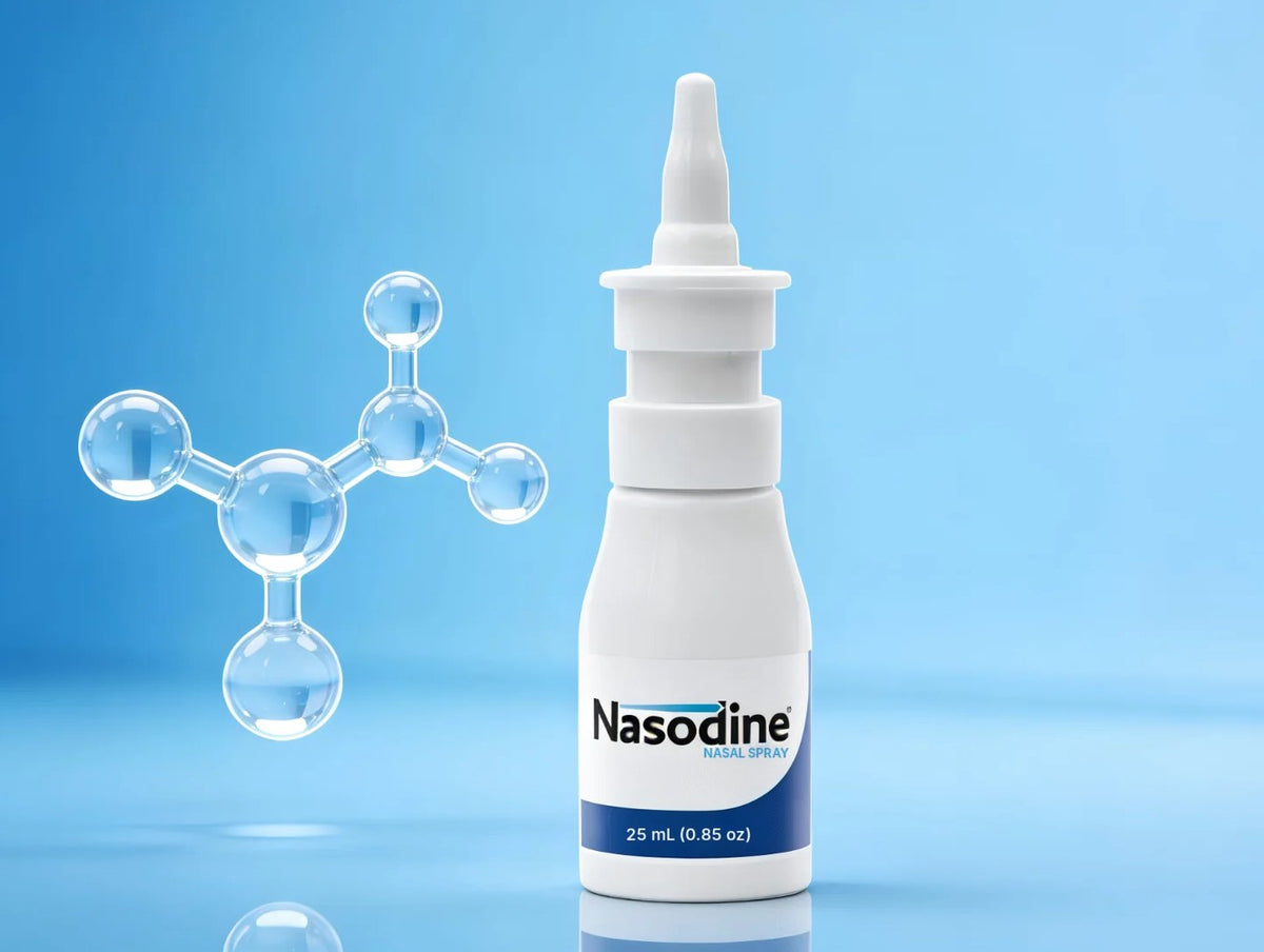 Nasodine Nasal Spray 25 mL bottle beside a molecule model